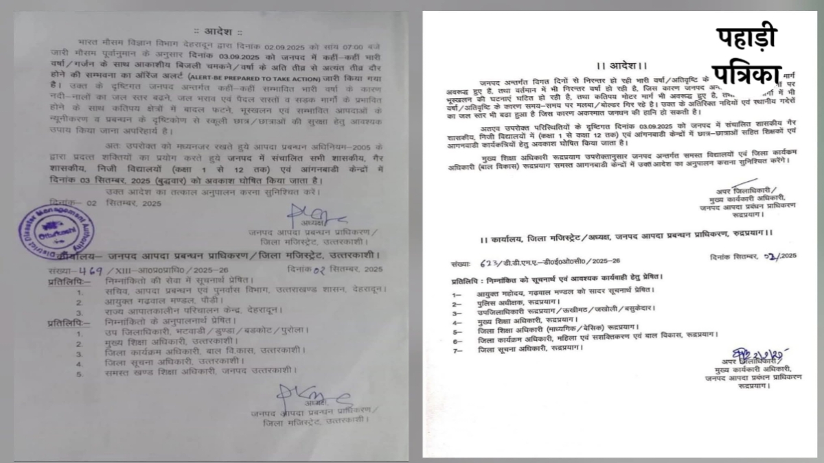 उत्तराखंड: उत्तरकाशी और रुद्रप्रयाग में आज स्कूल-आंगनबाड़ी बंद, प्रशासन ने अलर्ट किया जारी